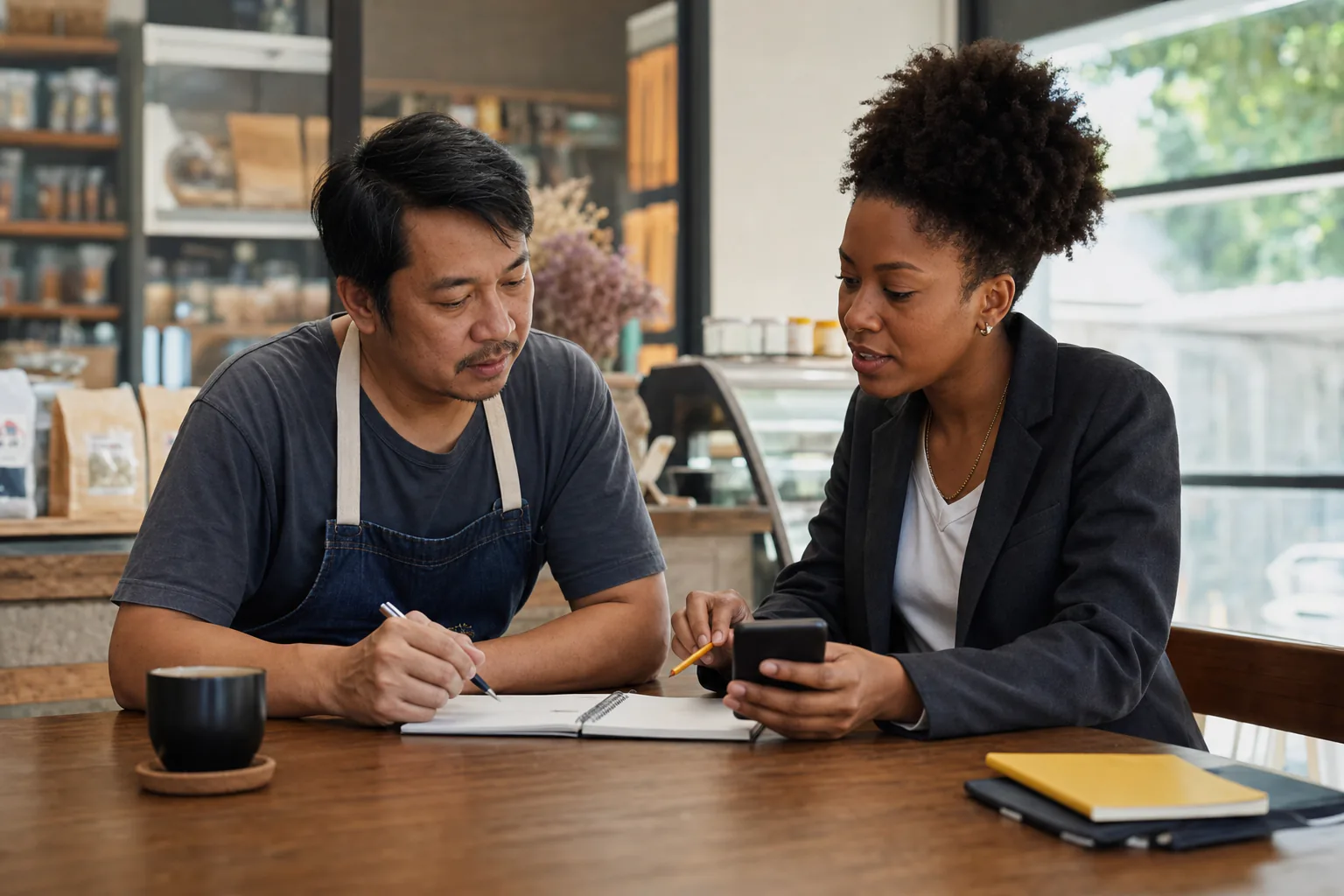 A local business owner and an SEO advisor working through a marketing plan.