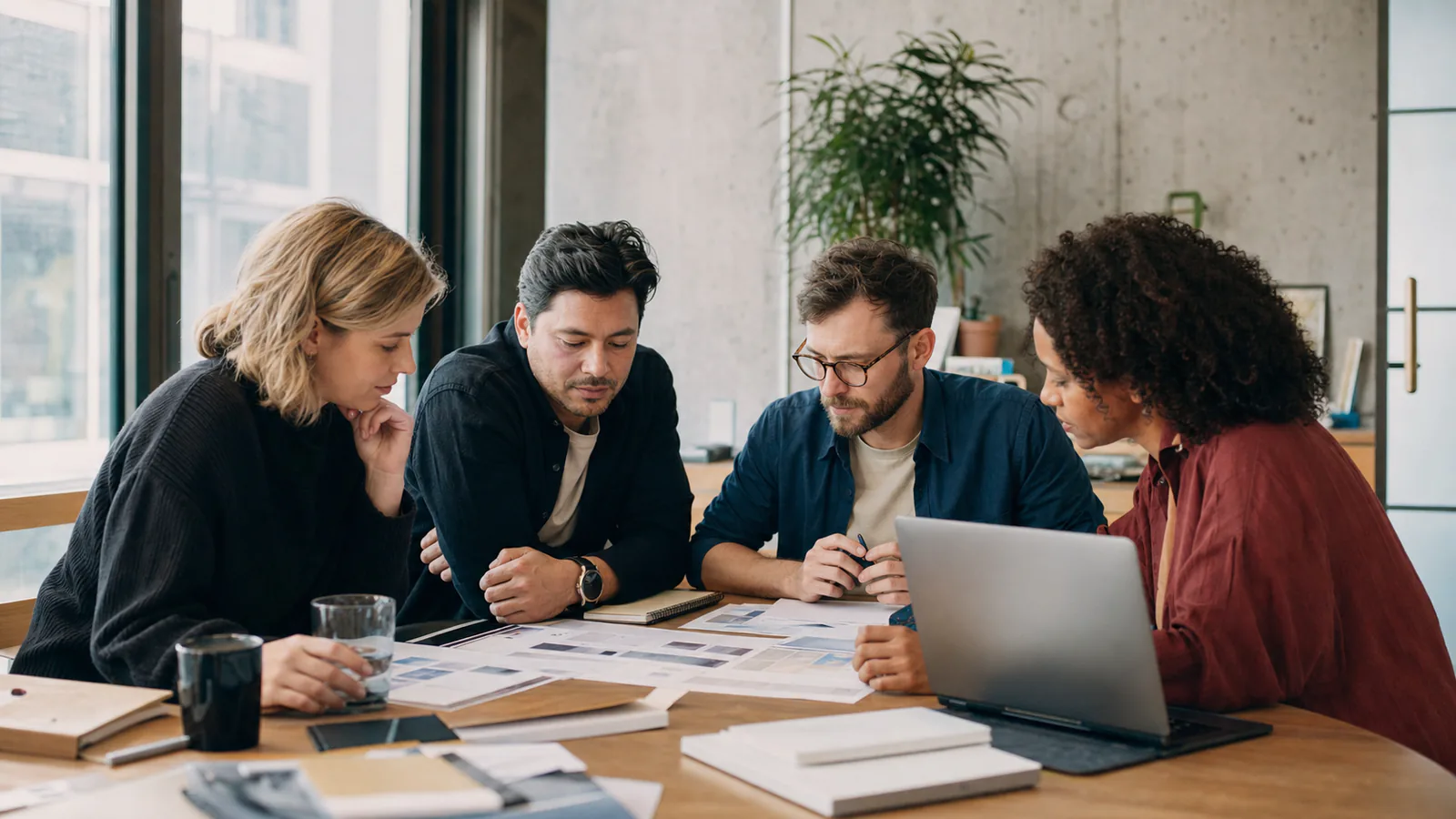 A diverse SEO strategy team collaborating around printed page maps and a laptop.