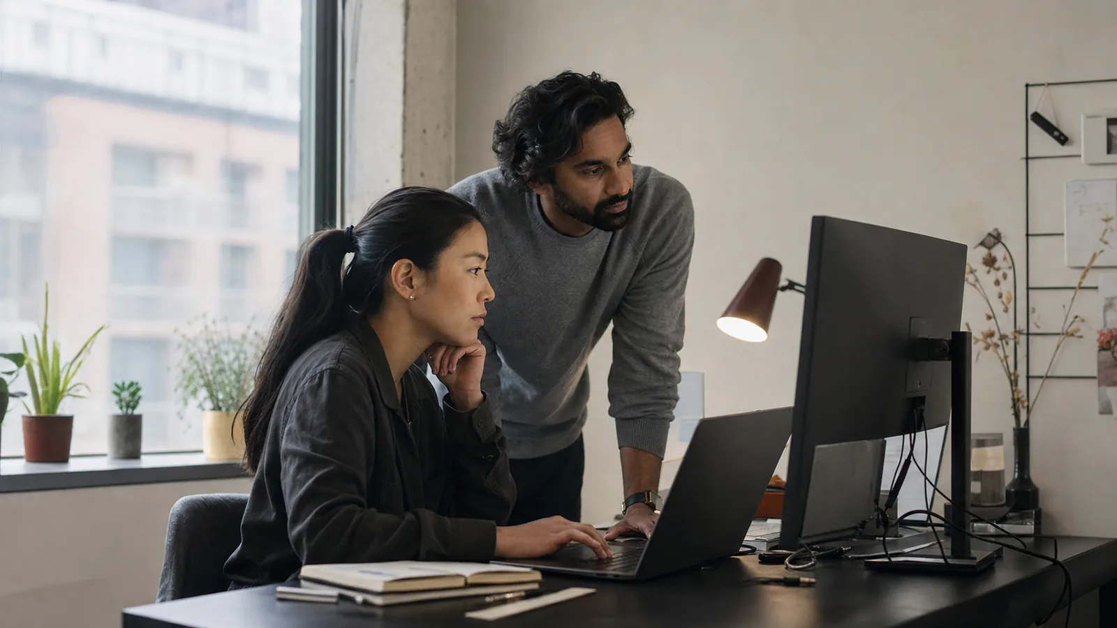 Two technical SEO specialists reviewing website diagnostics at a workstation.