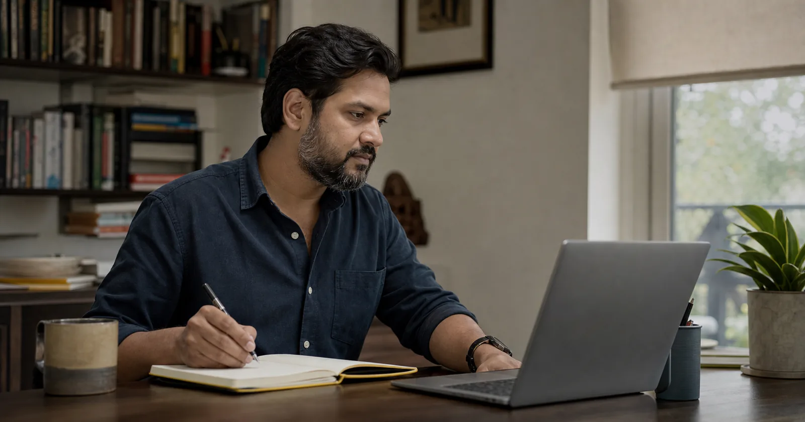 An experienced SEO consultant taking notes during a remote strategy session.